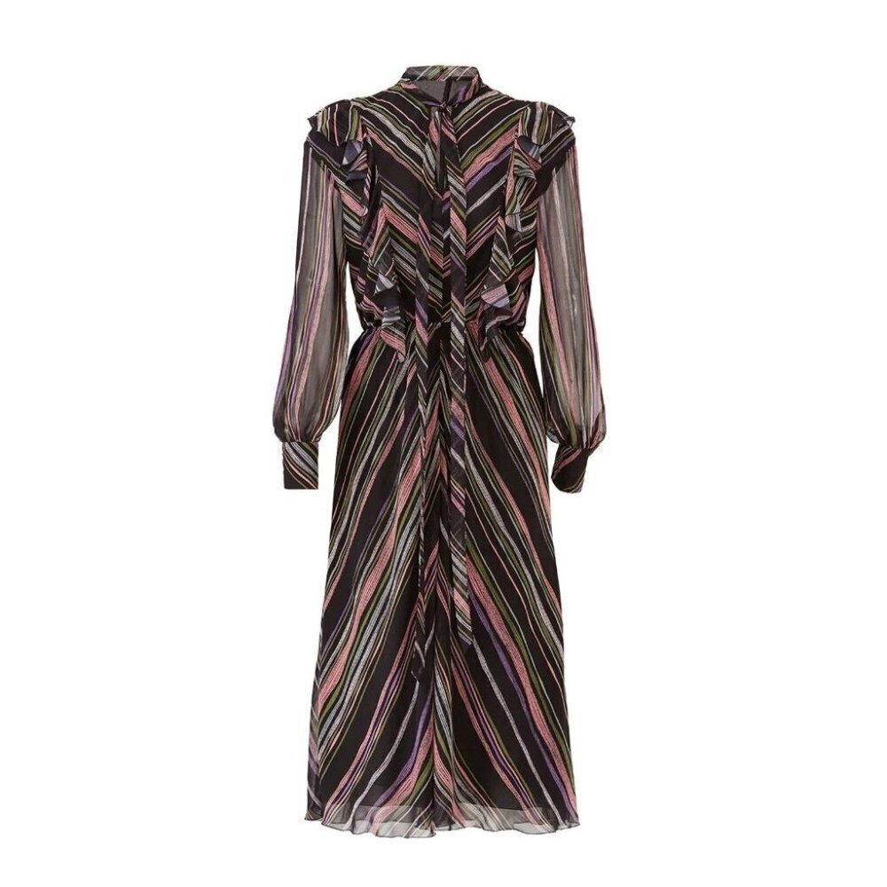 Giamba Black Stripe Ruffle Blouson Midi Dress $1335 - Picture 6 of 15